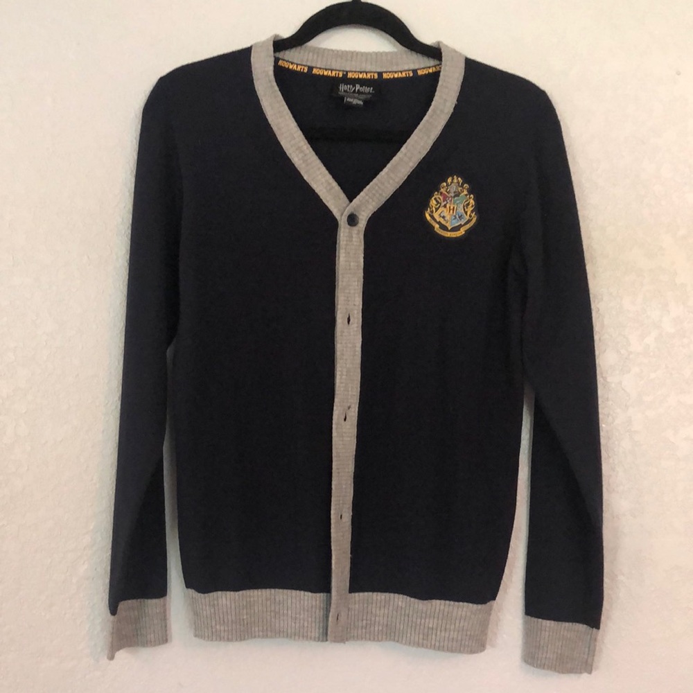 Harry Potter kids navy blue and gray cardigan with Hogwarts crest